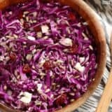 A close-up of cabbage and cranberry salad in a bowl.