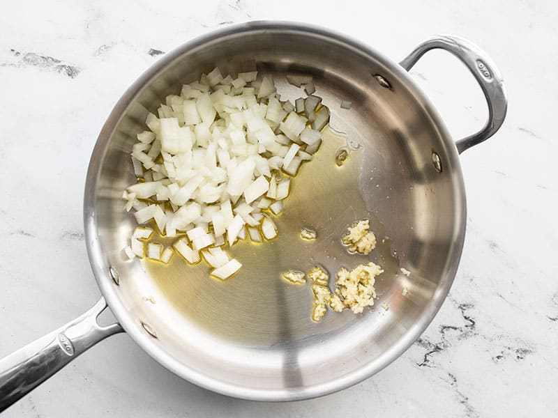 Diced onion and Minced garlic in the skillet with olive oil