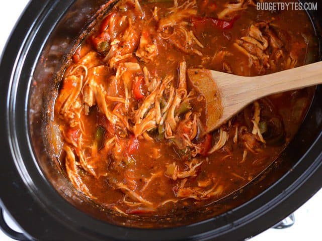 Over head view of Italian Chicken and Peppers in the slow cooker