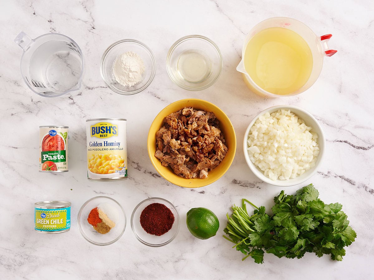 The ingredients for 30 minute posole.