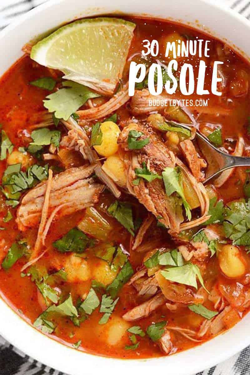 Use your leftover pulled pork and a quick homemade enchilada sauce to make this super fast and easy, intensely flavored 30 Minute Posole. Budgetbytes.com