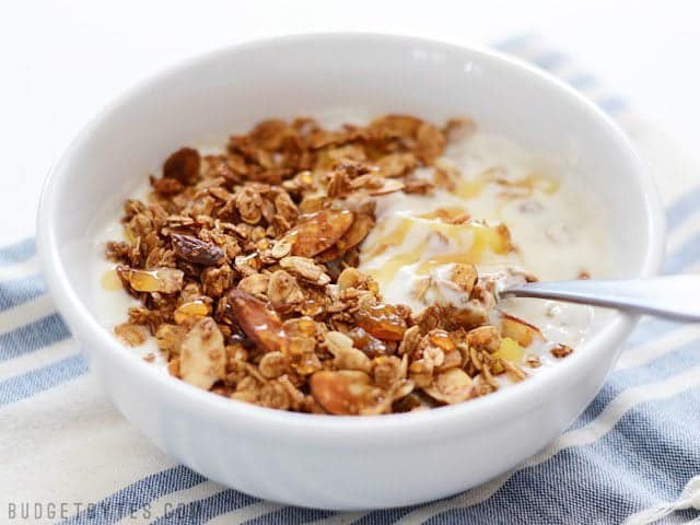 Side view of a bowl of Gingersnap Granola served over yogurt, topped with honey