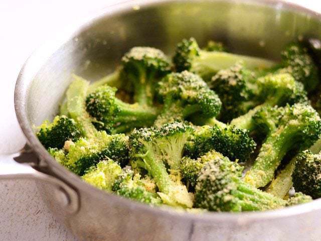 Side view of Garlic Parmesan Broccoli in the skillet