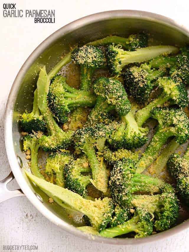 Overhead view of a skillet full of Garlic Parmesan Broccoli