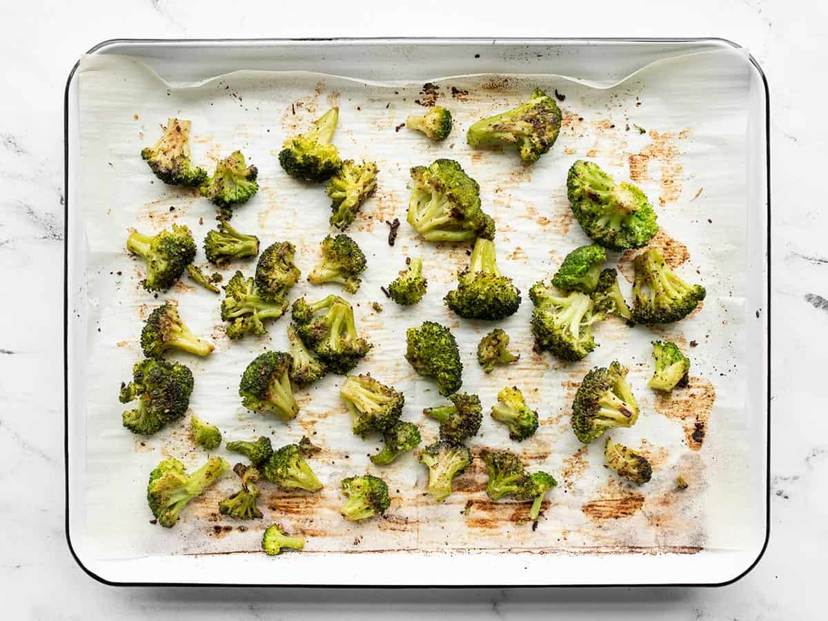 Roasted broccoli on the baking sheet