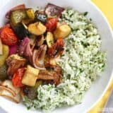 Broiled balsamic vegetables with lemon parsley rice.