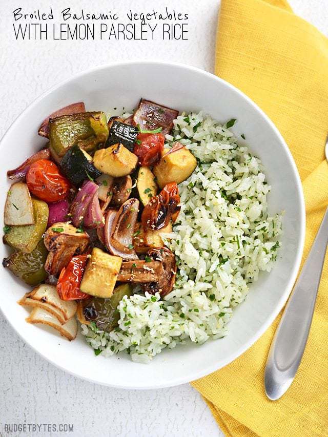 Broiled Balsamic Vegetables with Lemon Parsley Rice - BudgetBytes.com