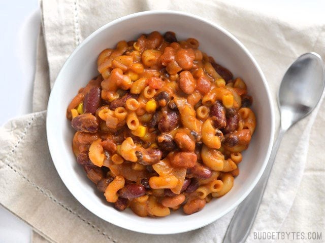 Overhead view of a bowl full of vegetarian chili mac and cheese