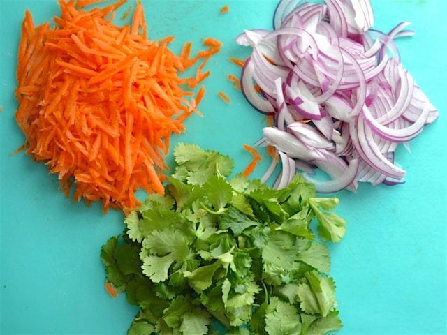 Shredded carrots, sliced red onions, and cilantro on a cutting board