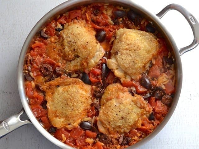 Simmered Chicken and orzo in the skillet