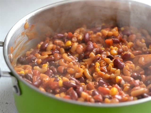 Simmered Vegetarian Chili Mac, close up from the side