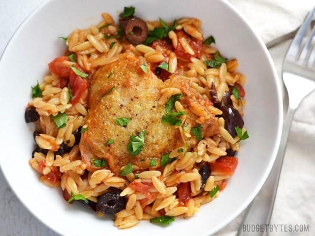 Skillet Chicken with Orzo and Olives - BudgetBytes.com