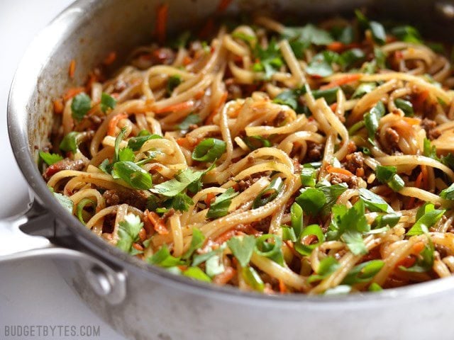 Side view of the skillet full of Beef Stir Fry Noodles 