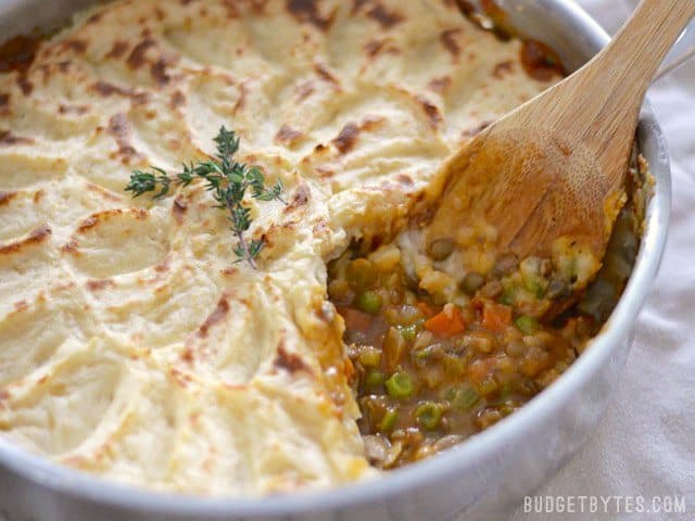 Close up view of the vegetable, lentil, and brown gravy filling in the Vegetarian Shepherd's Pie.