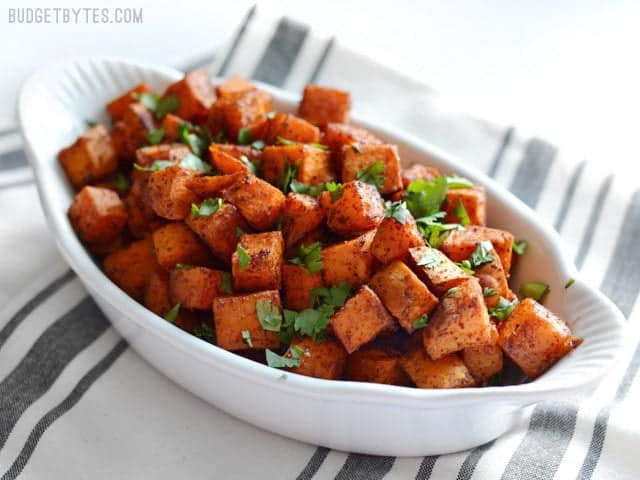 Roasted Sweet & Purple Potatoes With Green Chili-Cilantro