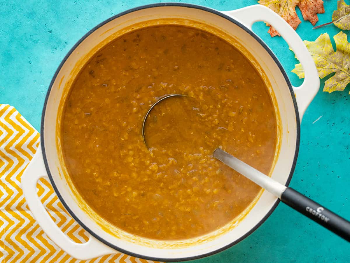 Finished lentil and pumpkin soup in a pot with a ladle