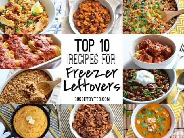 Thumbnails of freezer friendly recipes with blog post title text in the center. 