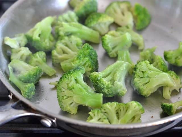 Frozen Broccoli in Skillet for Pan Fried Sesame Tofu with Broccoli - BudgetBytes.com