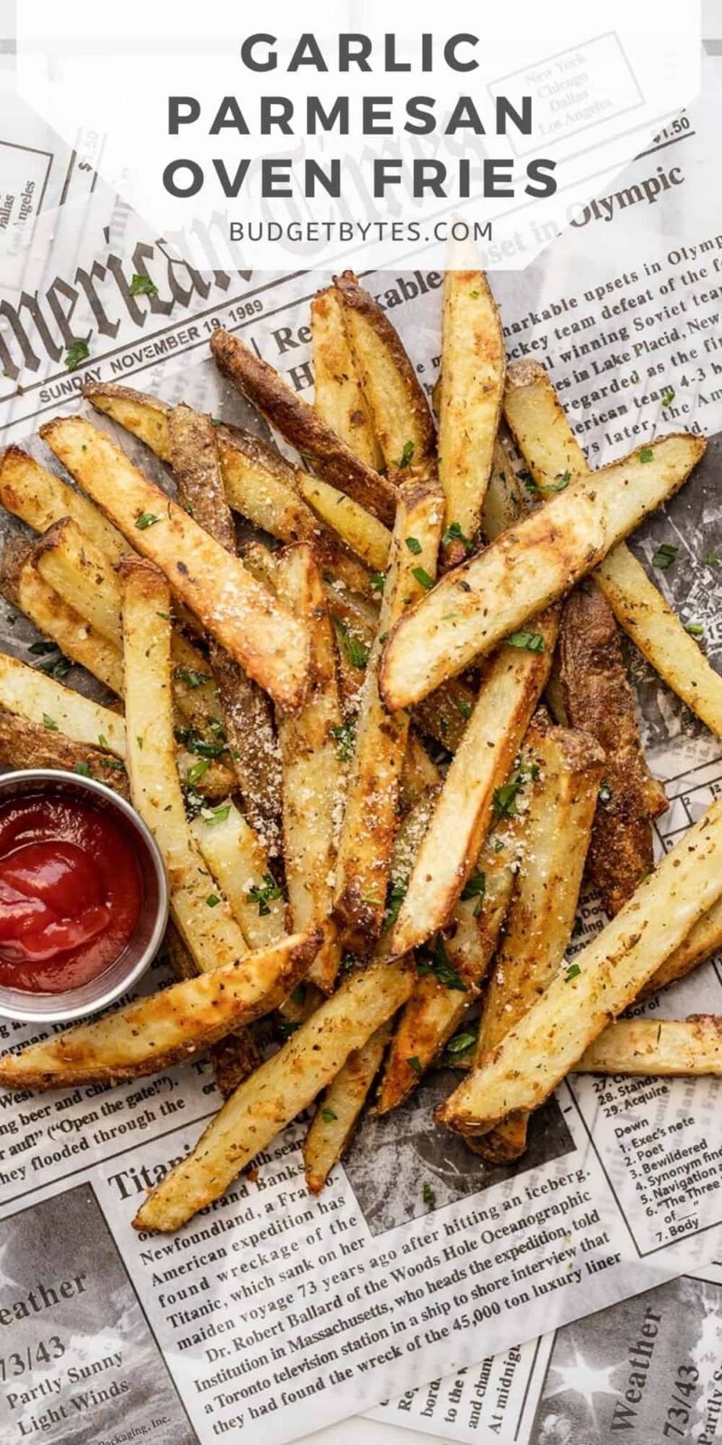 a pile of garlic parmesan fries on newsprint, title text at the top