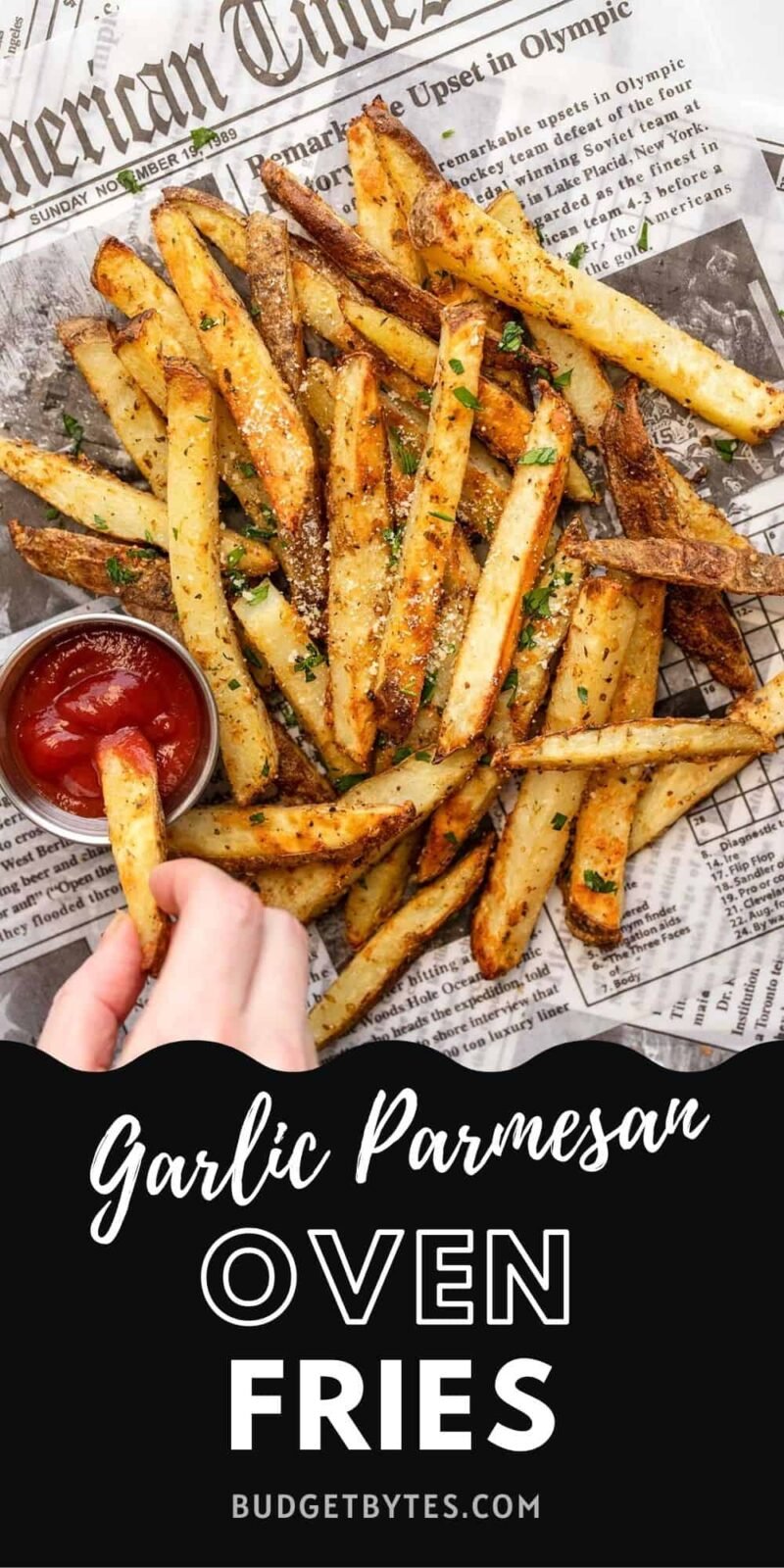 A hand dipping a garlic parmesan fry into a cup of ketchup next to a pile of fries