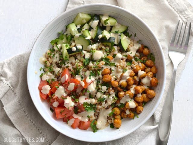 Finished Mediterranean Farro Salad in a bowl