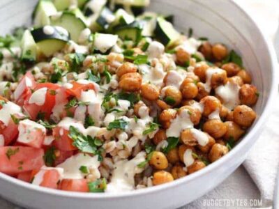 Mediterranean Farro Salad with Spiced Chickpeas - BudgetBytes.com