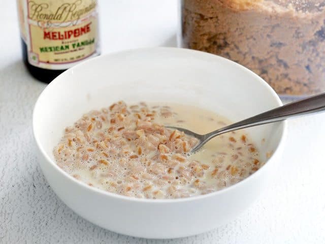 heated Farro and milk in a bowl