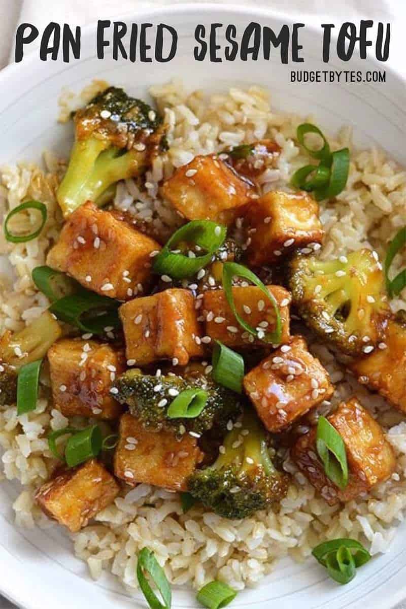 This Pan Fried Sesame Tofu is seriously crispy and drenched in a tangy sesame sauce. Broccoli florets and cooked rice make it a meal. Step by step photos. Budgetbytes.com