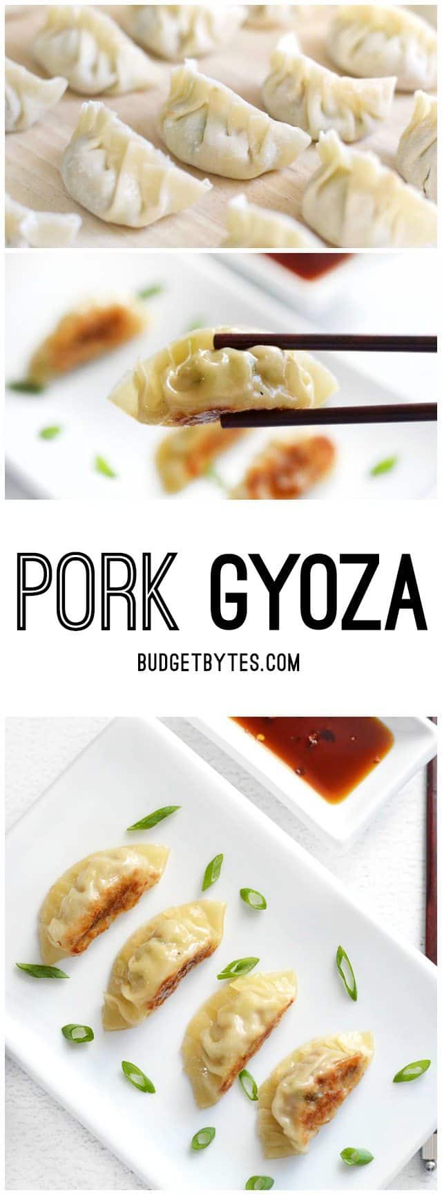 Collage of images of homemade pork gyoza with title text in the center.