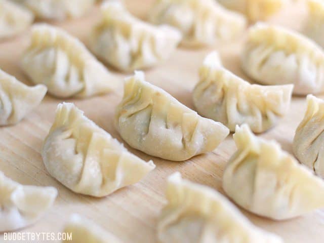 Pork Gyoza lined up on a wooden cutting board ready to be frozen or cooked.