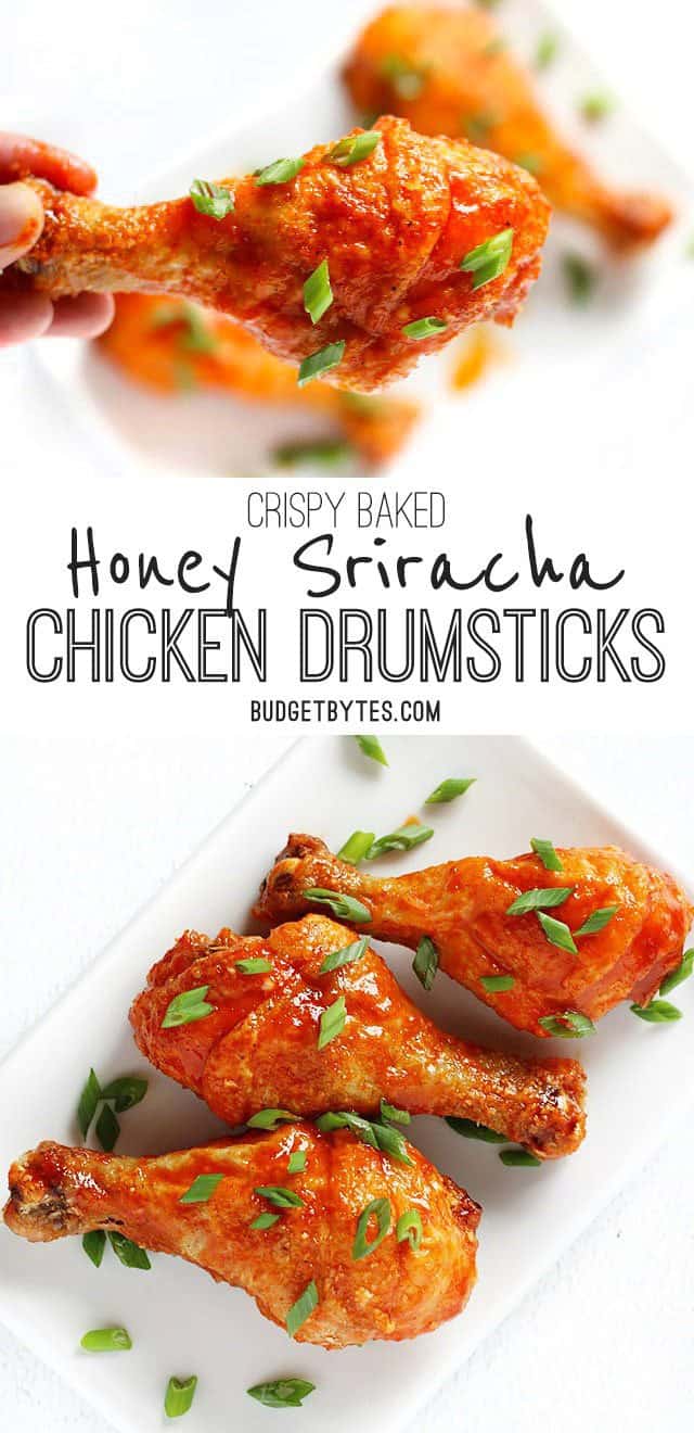 Crispy Baked Honey Sriracha Chicken Drumsticks with Homemade Honey Sriracha Wing Sauce - BudgetBytes.com