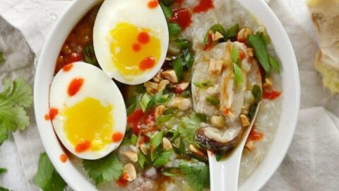 Instant Pot Congee is a warm and comforting porridge with endless possibilities for fun toppings - BudgetBytes.com