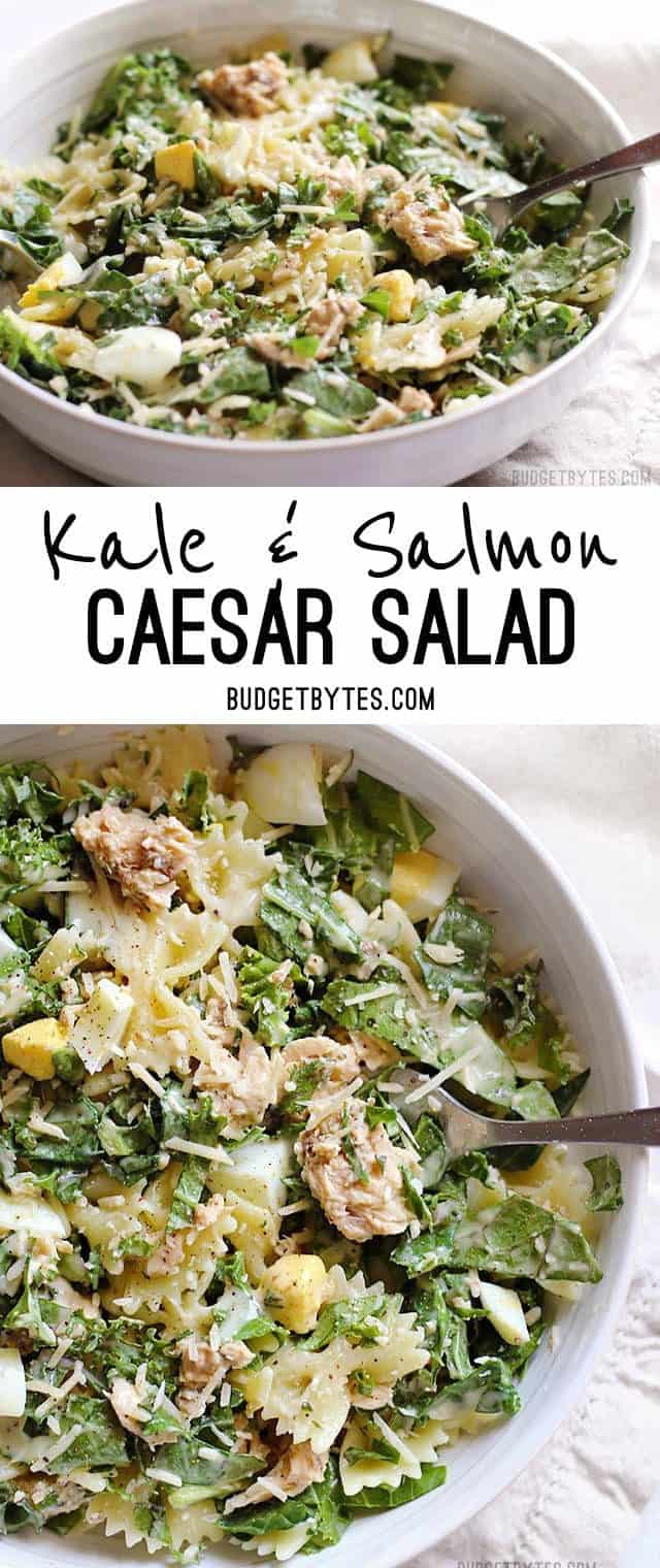 Kale & Salmon Caesar Salad is a filling and flavorful way to use budget friendly canned salmon.