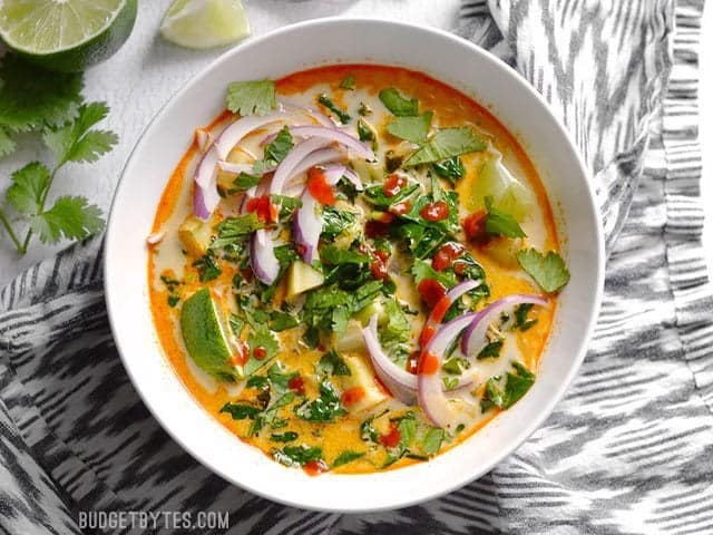 Thai Curry Vegetable Soup is packed with vegetables, spicy Thai flavor, and creamy coconut milk. BudgetBytes.com