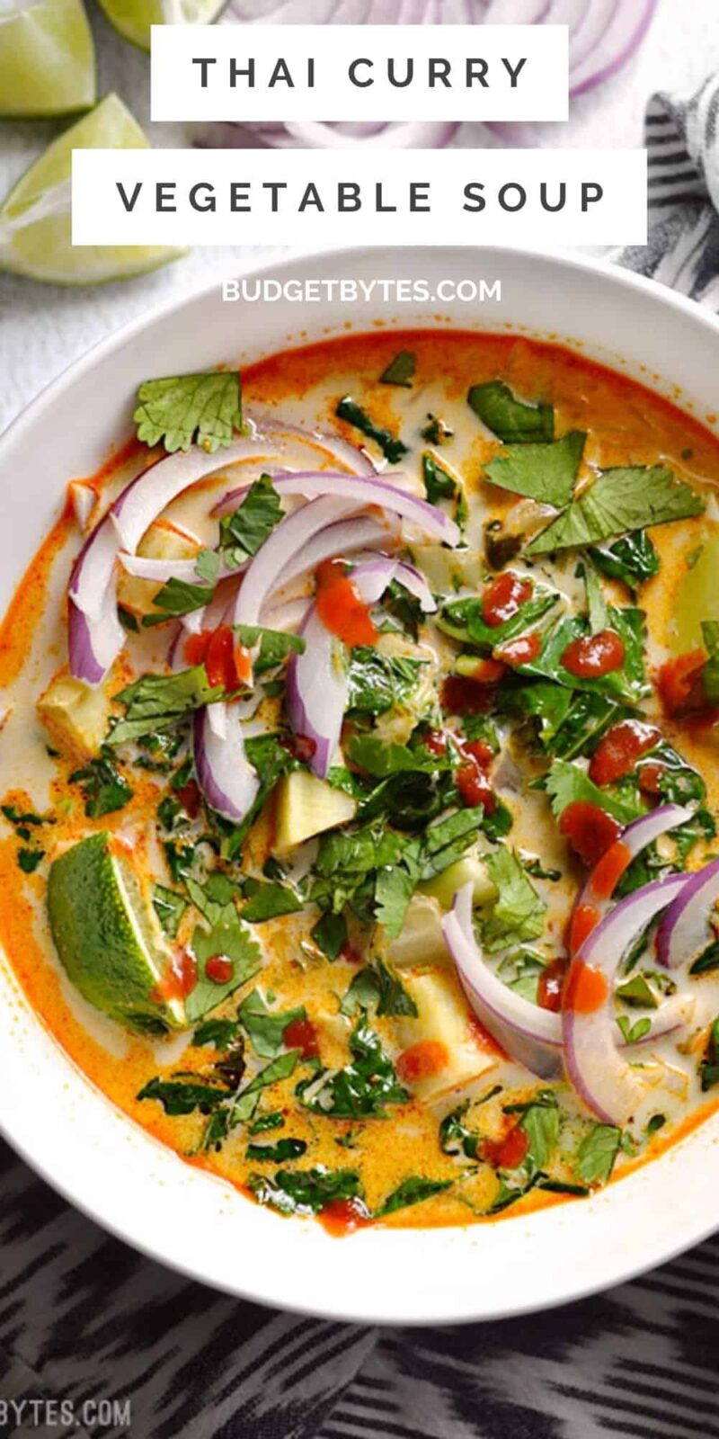 Overhead view of a bowl of Thai curry vegetable soup, title text at the top