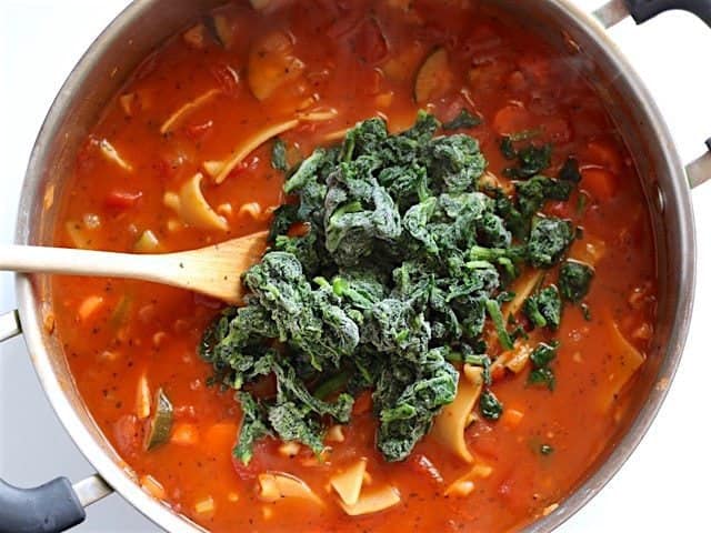 Frozen spinach added to soup