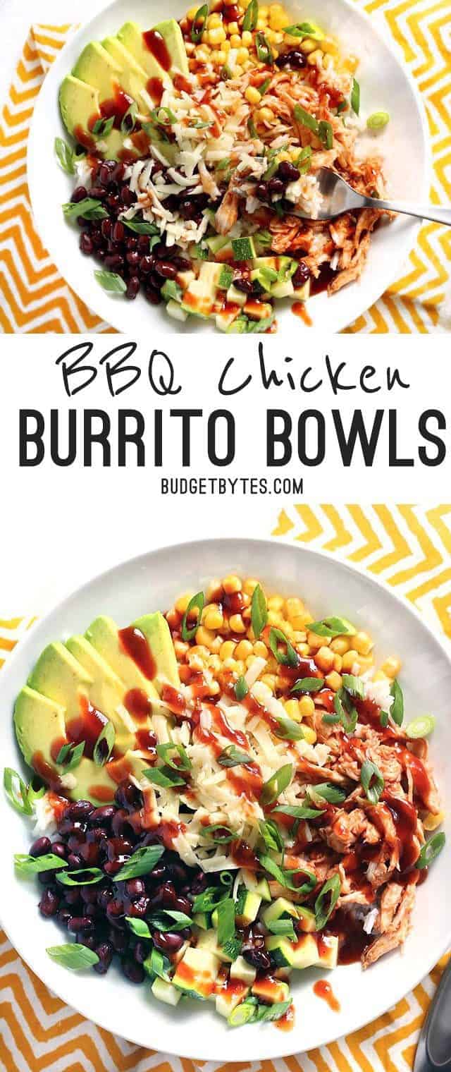 BBQ Chicken Burrito Bowls are an easy, customizable lunch option that is great both hot or cold! BudgetBytes.com