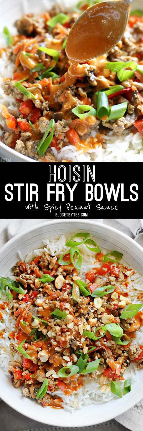 Hoisin Stir Fry Bowls with a rich and spicy peanut sauce are a fast answer to dinner with tons of color, texture, and flavor. Use pork, chicken, or turkey! BudgetBytes.com