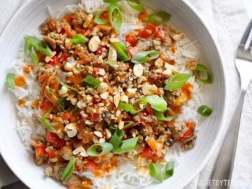 Hoisin Stir Fry Bowls with Spicy Peanut Sauce are a quick and colorful answer to dinner - BudgetBytes.com