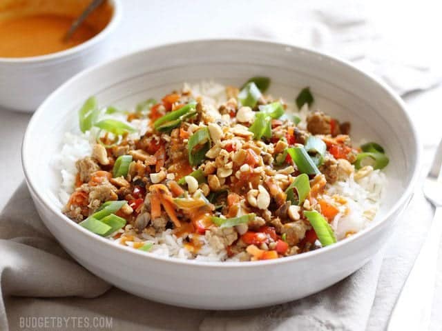 Hoisin Stir Fry Bowls with Spicy Peanut Sauce are a quick and colorful answer to dinner - BudgetBytes.com