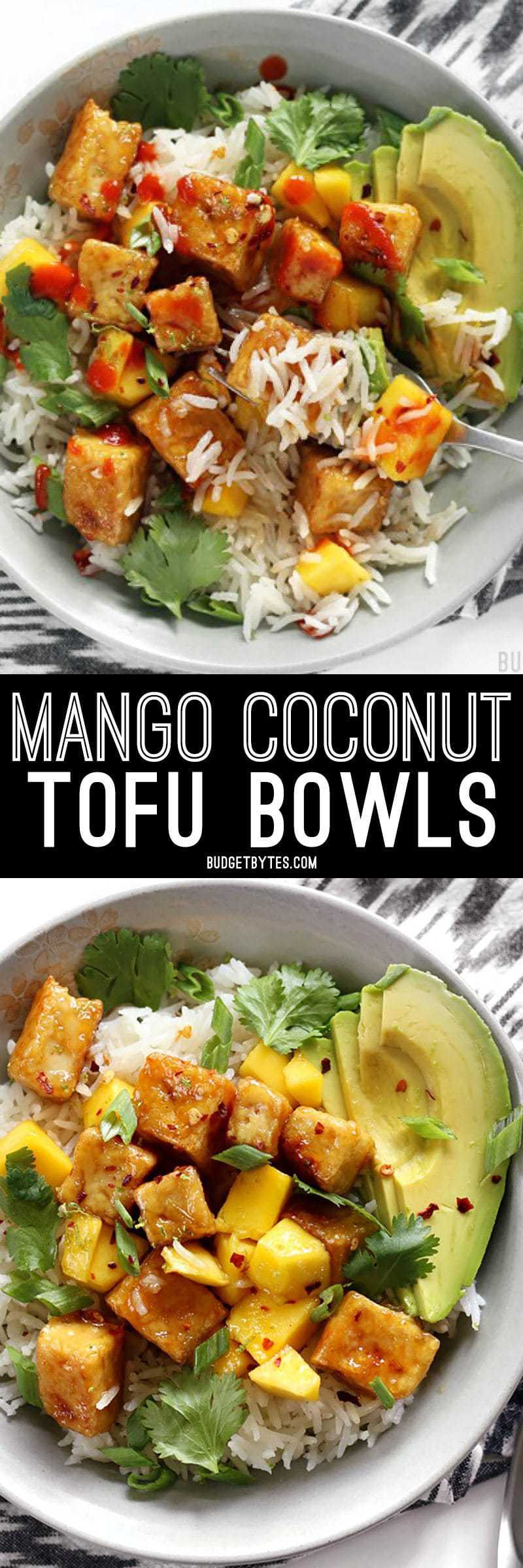 Mango Coconut Tofu Bowls with savory coconut rice, honey-lime glaze, avocado, sweet mango, and spicy red pepper. BudgetBytes.com