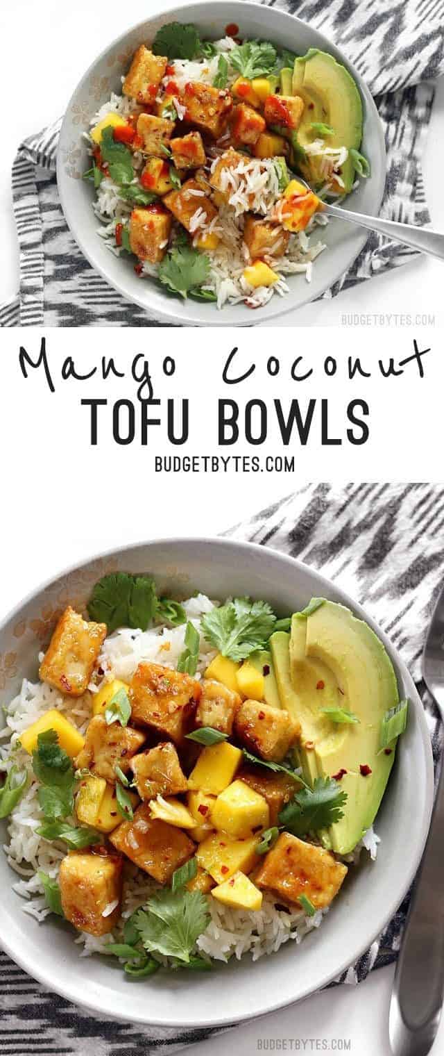 Mango Coconut Tofu Bowls with savory coconut rice and a tangy honey lime glaze. BudgetBytes.com