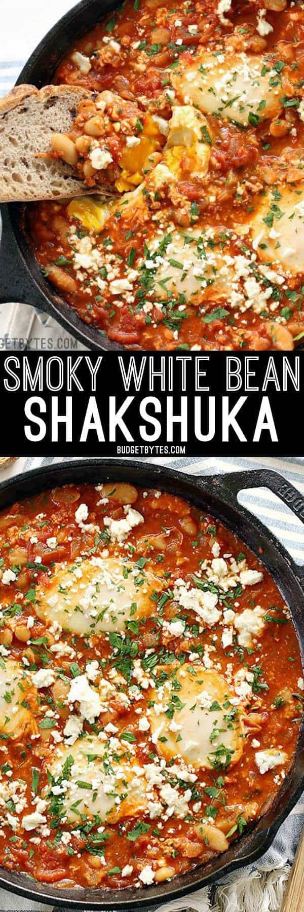 Eggs poached in a rich and smoky tomato sauce speckled with white beans, this Smoky White Bean Shakshuka is the perfect breakfast for dinner! BudgetBytes.com
