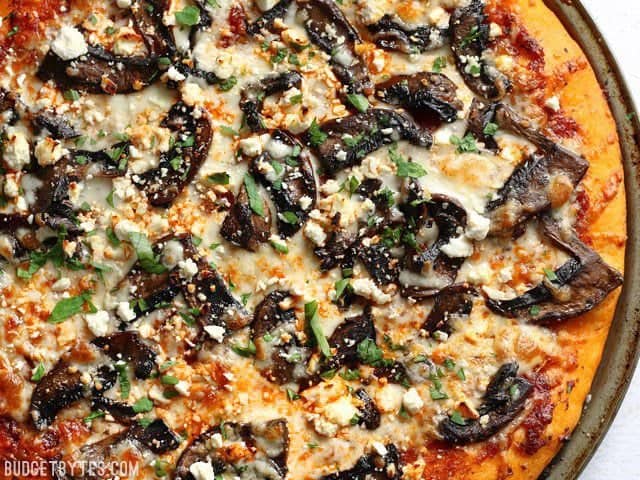 Close up overhead view of the Ultimate Portobello Mushroom Pizza still in the pizza pan