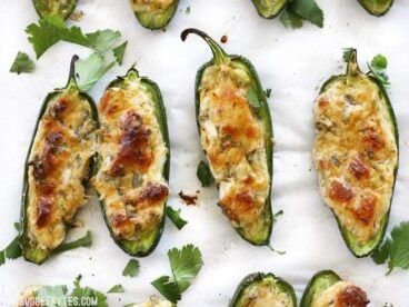 Cheesy Scallion Stuffed Jalapeños are a quick and impressive appetizer for any party or game night. BudgetBytes.com