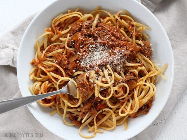 Top view of a plate of Sunday Slow Cooker Beef Ragù 