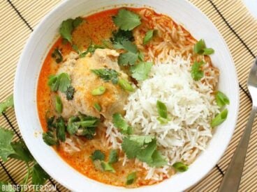 Thai Coconut Curry Braised Chicken Thighs are rich and bold in flavor, but fast and easy to prepare. BudgetBytes.com