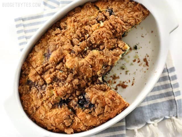 Blueberry Buttermilk Coffee Cake is a morning treat with its sweet blueberries and crunchy cinnamon streusel topping. BudgetBytes.com