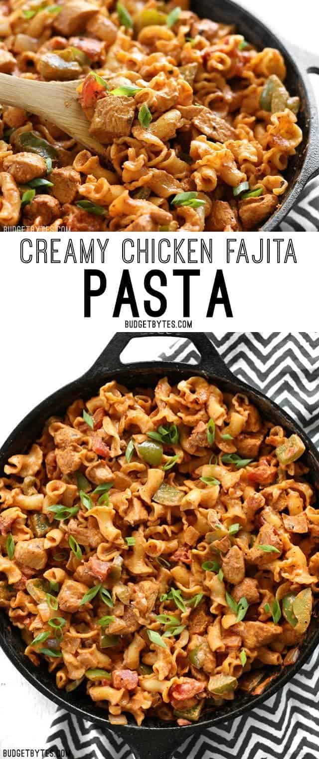 Creamy Chicken Fajita Pasta is a fast and delicious weeknight meal the whole family will love. BudgetBytes.com
