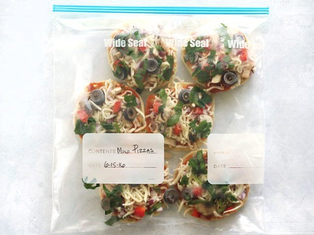 Freezer Ready Mini Pizzas packed in a freezer bag